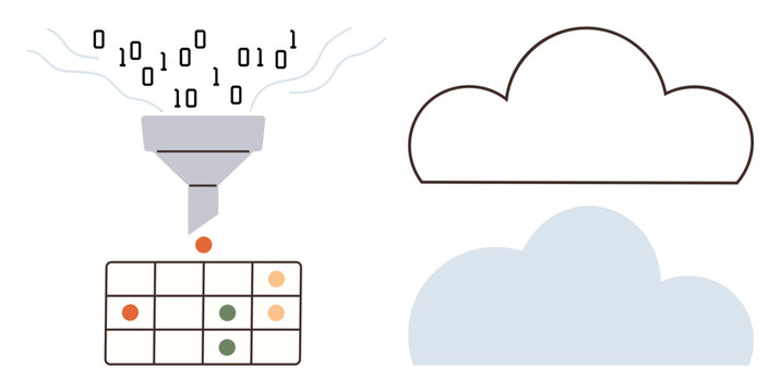 Data storage, cloud computing, digital transformation, big data, workflow automation, machine learning. Binary code filtering through a funnel, grid and cloud icons. Data storage and cloud computing