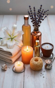 Candles flowers and spa items create a warm relaxing ambiance on