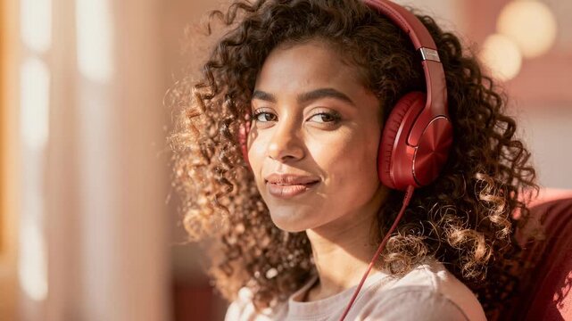Happy young woman with curly hair enjoying music with red headphones smiling indoors in warm light