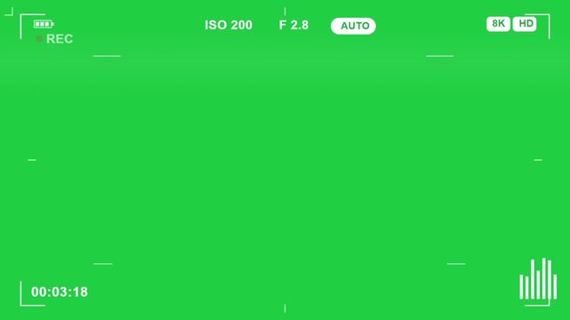 Camera viewfinder overlay on green screen background, digital video recording interface with HUD elements, professional 4K camera display for post-production
