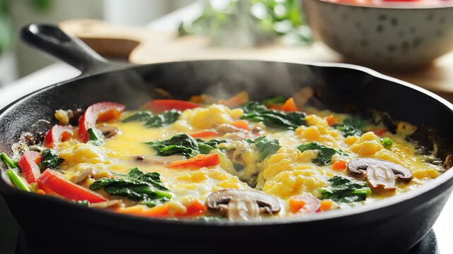 Delicious Scrambled Eggs with Vegetables Cooking in a Cast Iron Skillet.