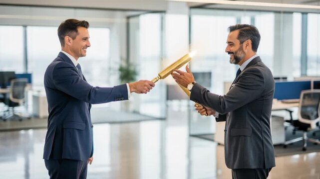 Two successful businessmen celebrating with golden batons in modern office with smiles and positive energy