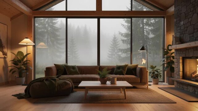 Cozy modern living room with fireplace large windows and forest view in wooden cabin interior
