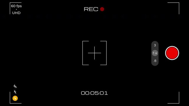 Video camera recorder screen overlay on a transparent background with alpha channel in 4K video. 