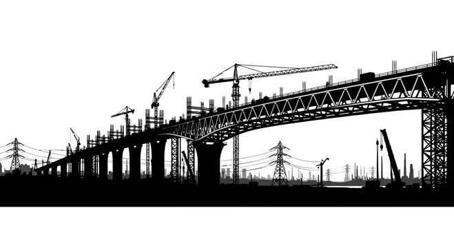 Bridge construction silhouette with cranes pylons and industrial powerlines