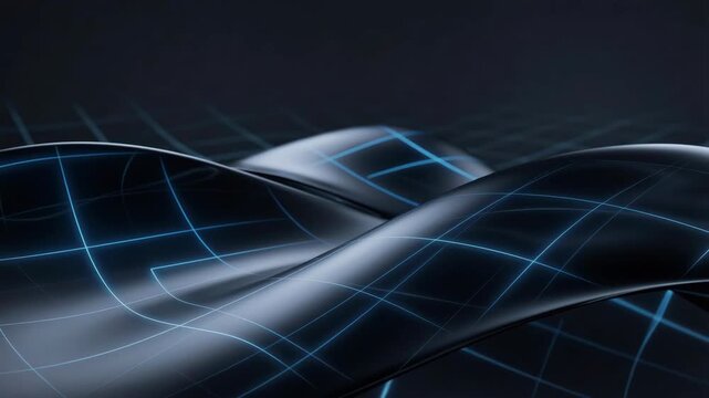 Abstract futuristic dark metallic liquid waves undulating with glowing blue holographic wireframe grid, tech cyberpunk digital landscape background, data flow, science fiction, AI concept