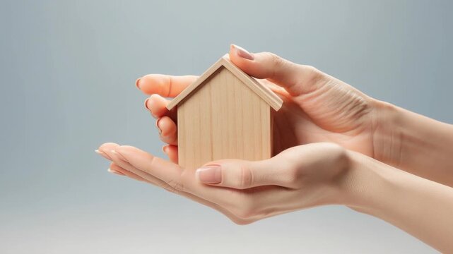 Hands gently holding a small wooden house model symbolizing real estate and home protection