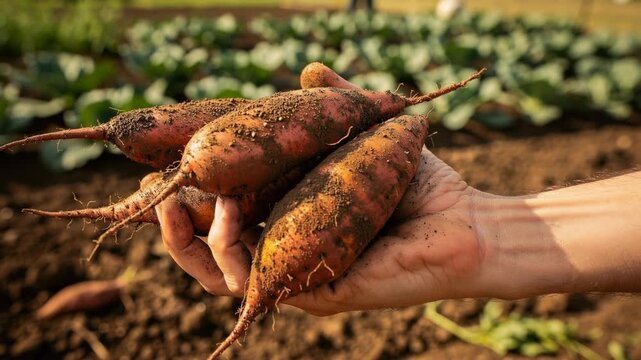 Freshly harvested organic sweet potatoes held in hand with soil in garden farm background