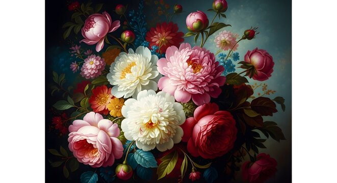 A rich and vibrant floral arrangement featuring pink, white, and red peonies and roses in a classical oil painting style with a dark moody background.