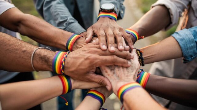 Diverse group of people united with hands together wearing rainbow pride bracelets celebrating equality and support