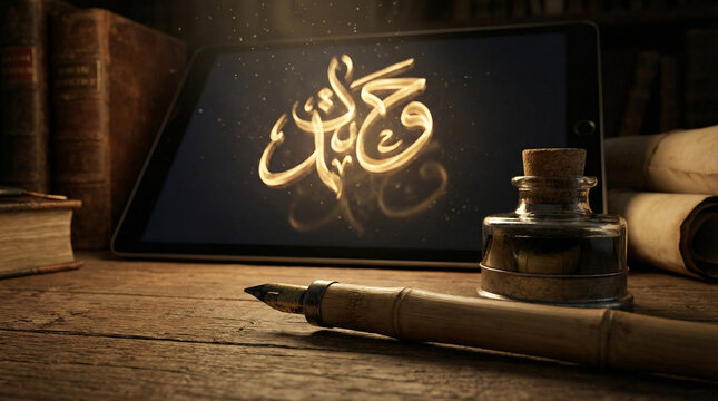 Abstract glowing golden Arabic calligraphy on a digital tablet screen next to a traditional bamboo pen and inkwell, digital heritage concept.