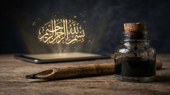 Glowing holographic Bismillah Arabic calligraphy projecting from a digital tablet with traditional bamboo qalam pen and inkwell, Islamic digital art concept.