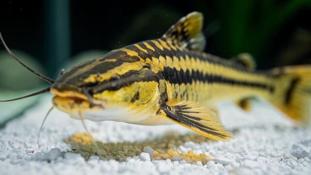Close up of a colorful striped tropical fish in freshwater aquarium environment with white gravel