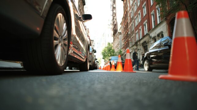 Car navigating tight parallel parking spot on narrow street cones marking boundaries instructor closely observing slight blur on street and buildings for composition.