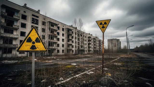 Abandoned apartment buildings with radioactive warning signs