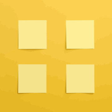 Four Blank Yellow Sticky Notes Mockup on Textured Yellow Background - 2x2 Grid Layout for Business Planning, Organization, and Ideas