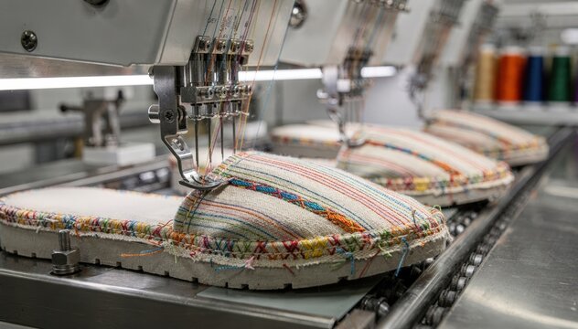 Overlock stitching robots seamlessly binding slipper edges with multithread loops highlighting efficient trim finishing and highspeed production in an advanced factory setting.