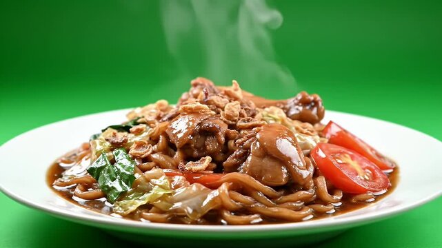 Delicious Bakmi Jawa Noodle Dish with Chicken and Vegetables Served on a White Plate with Steam Rising Against a Vibrant Green Background in Cinematic Lighting