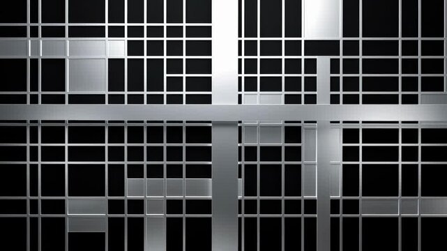 Modern abstract black and silver geometric grid pattern with reflective metallic rectangles
