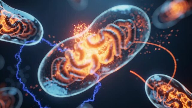 Detailed 3D illustration of mitochondria glowing inside cells with energy production and biological activity