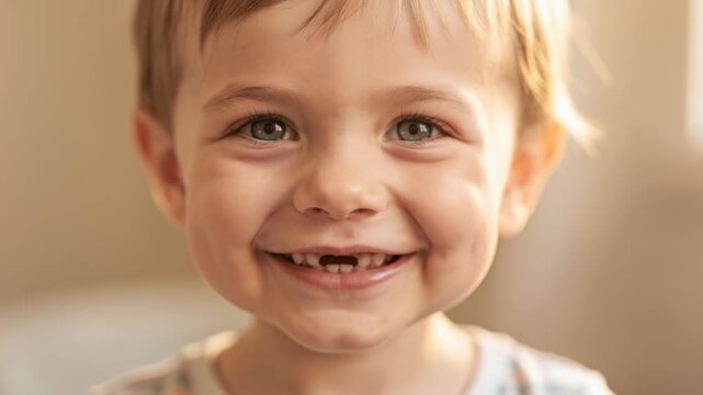 Close up of happy toddler smiling with missing baby teeth in warm natural light