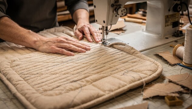 Medium frame of a tailor using channel quilting technique stitching parallel lines on mitten insulation to create flexible and durable thermal protection.