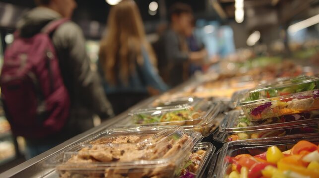 Medium shot emphasizing a vibrant grabandgo section with prepacked meals in clear focus and students moving in soft blur behind.