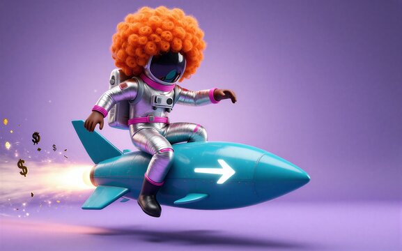 Astronaut with curly hair rides rocket money symbols float nearby.