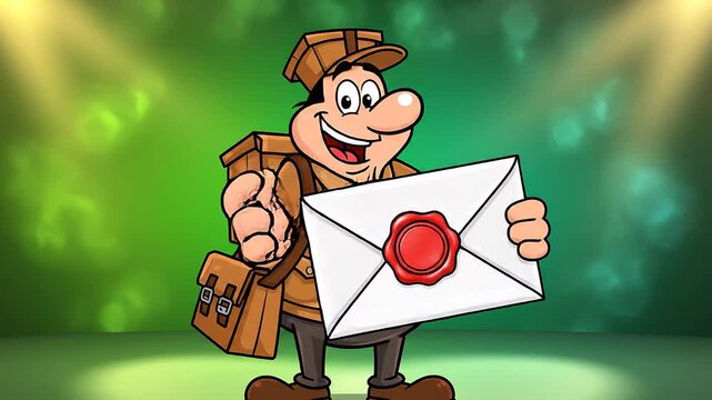 Cheerful Cartoon Mailman Holding Sealed Letter with Wax Seal