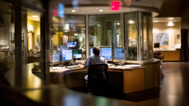 A nurse adjusting charts at a clean streamlined circular hub with computer screens glowing softly the evening shifts quiet focus captured with blurred surroundings.