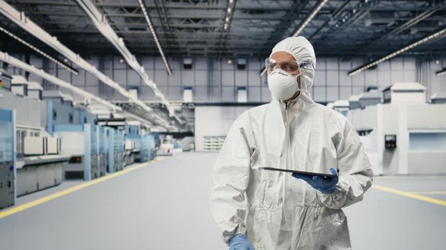 Testing silicon wafer batches, tablet control app and portrait of expert in microchip factory. Monitoring semiconductor machinery, device readouts and engineer in manufacturing plant, camera A