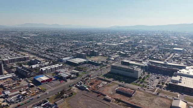 TALCA, CHILE - MARCH 27, 2026: High angle view of urban development and retail areas in the heart of central Chile.