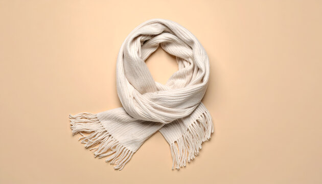 Soft beige scarf with fringe details.