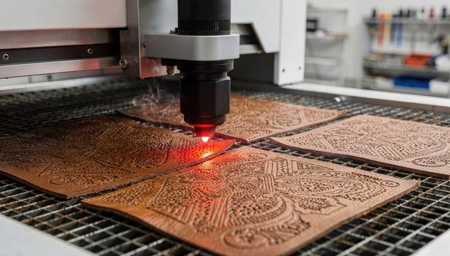 Laser cutter engraving intricate designs on leather pieces showcasing detailed perforation techniques in a clean industrial workspace.