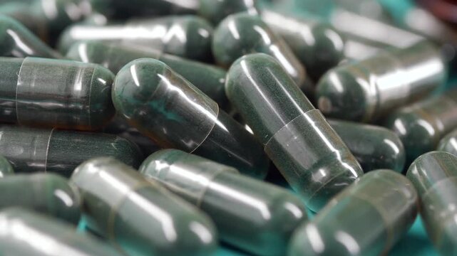 Green spirulina capsules rotating on blue background for dietary supplement health concept.