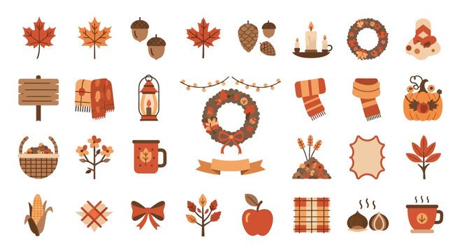 Autumn harvest icon collection featuring leaves pumpkins and wreaths. Vector Icon. EPS Editable