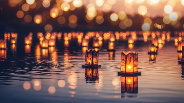 Floating Lanterns of Serenity: Illuminated lanterns gently float on calm waters, their warm glow reflecting and creating a magical scene under the soft light. 
