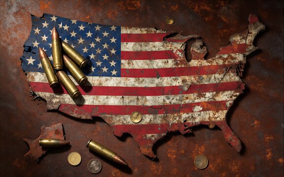 Rusty American flag map with bullets and coins scattered on corroded