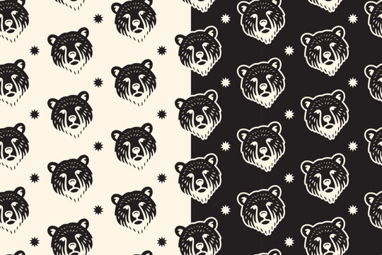 Bear head with star vintage seamless pattern on beige black background set for wildlife. Grizzly bear face with light hand drawn pattern background for adventure . Wild bear retro motif for outdoor