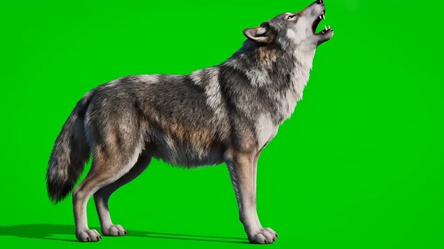 Majestic gray wolf standing and howling intensely, isolated on a vibrant green screen background, offering a high-quality asset for compositing and wildlife projects