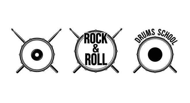 Rock and Roll Drums School Logo Design Featuring Drum Sets and Musical Instruments