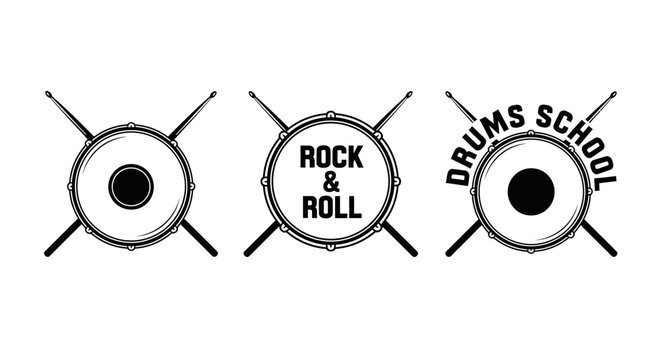 Rock & Roll Drums School Logo Design Featuring Crossed Drumsticks and Bass Drum Elements