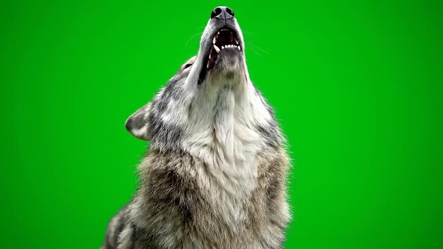 A majestic wolf howling at the sky on a green screen background, perfect for creative projects and video editing