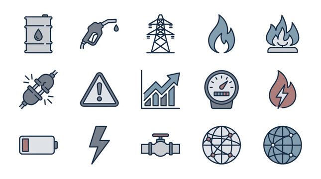 A collection of energy and power-related icons including oil, gas, electricity, fire, battery, and global network symbols.