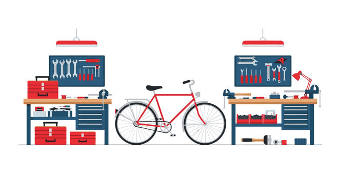 Meticulously organized bicycle repair workshop features a red road bike standing between two professional workbenches stocked with numerous specialized mechanical hand tools.
