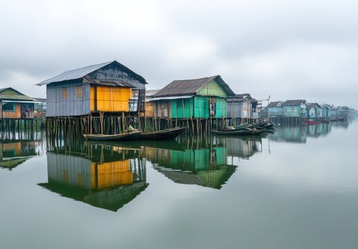 Colorful Stilt Houses Reflecting in Calm Water