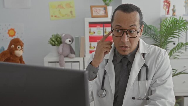 Man doctor pointing at computer screen with stethoscope wearing glasses in pediatric clinic; reassuring care.