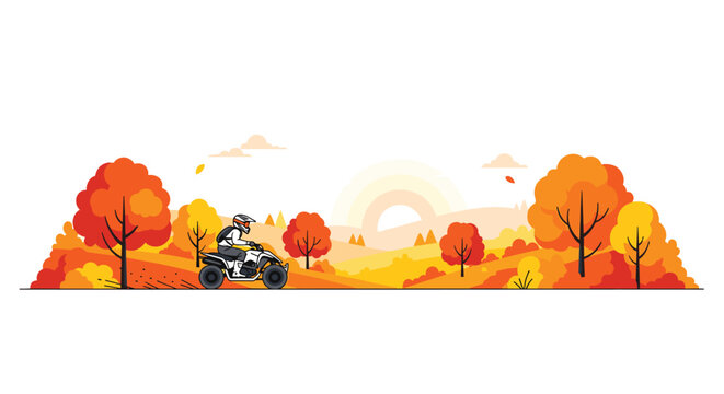 A determined rider on a white all-terrain vehicle speeds through a lush autumn landscape featuring vibrant orange trees and a soft golden sunset glow.