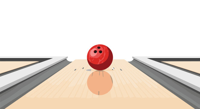A vibrant red bowling ball travels down a pristine wooden lane with visible reflections and grey gutters under bright and even indoor sports lighting.