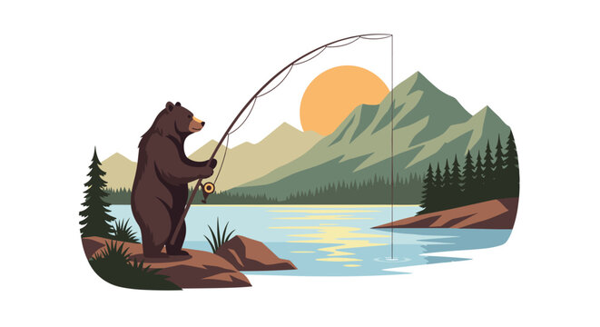 A whimsical brown bear stands on a rocky riverbank holding a long fishing rod while a bright orange sun sets behind majestic and jagged green mountain peaks.
